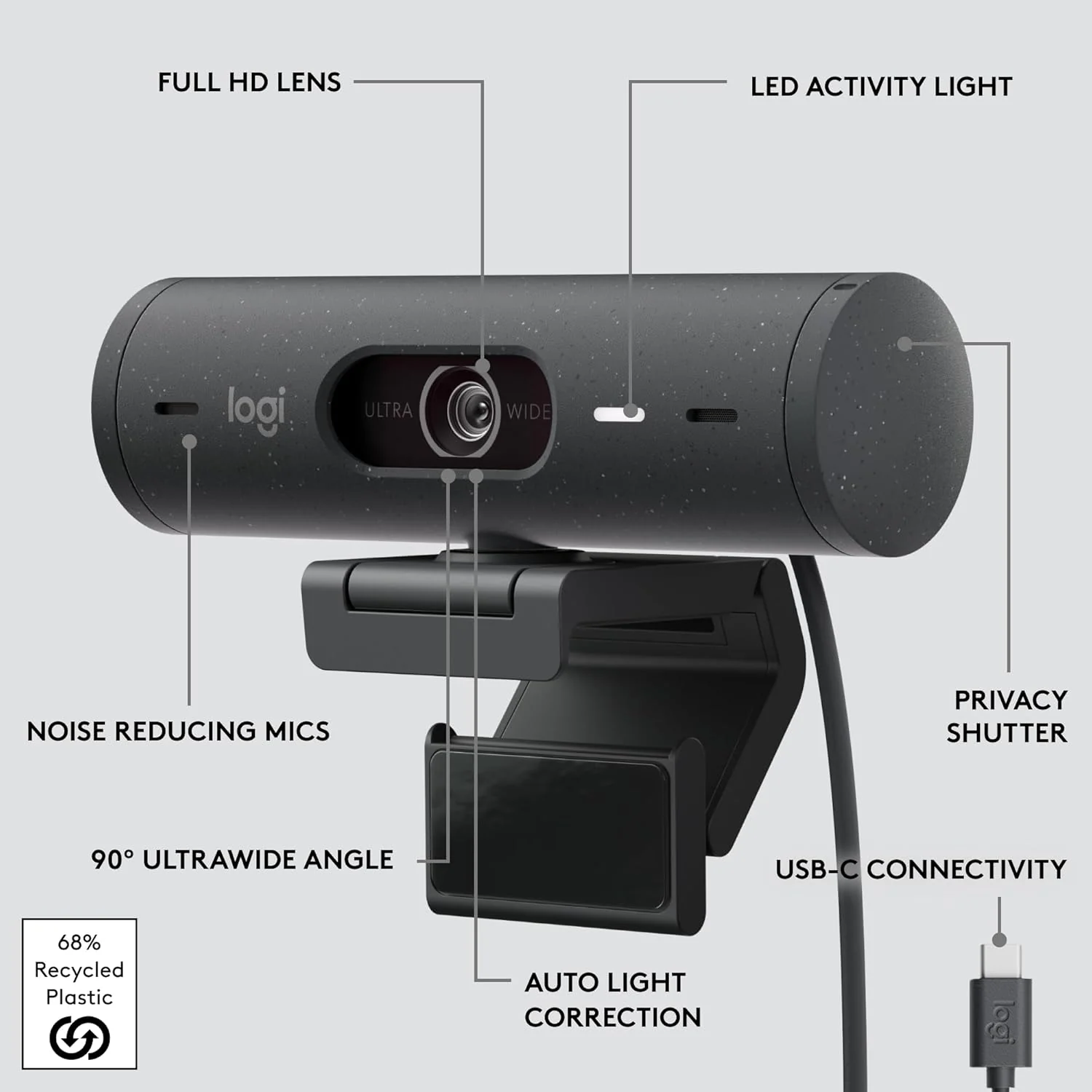 Logitech Brio 500 Full Hd Webcam with Auto Light Correction,Show Mode, Dual Noise Reduction Mics, Webcam Privacy Cover, Works with Microsoft Teams, Google Meet, Zoom, USB-C Cable - Graphite - Digital - Image 9