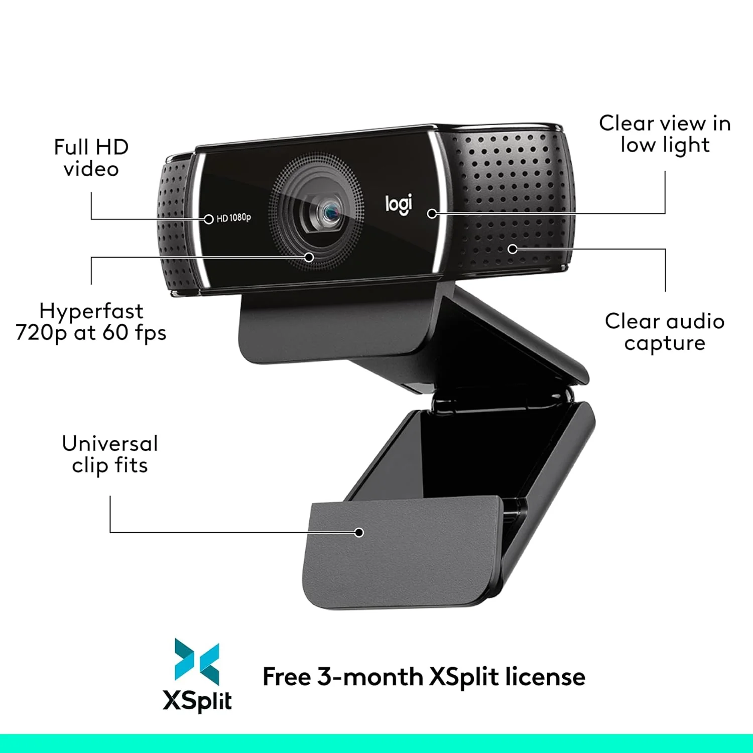 Logitech C922 Pro Stream Webcam, HD 1080p/30fps or HD 720p/60fps, Digital, Hyperfast Streaming, Stereo Audio, HD Light Correction, Autofocus, for YouTube, Twitch, XSplit - Black - Image 7