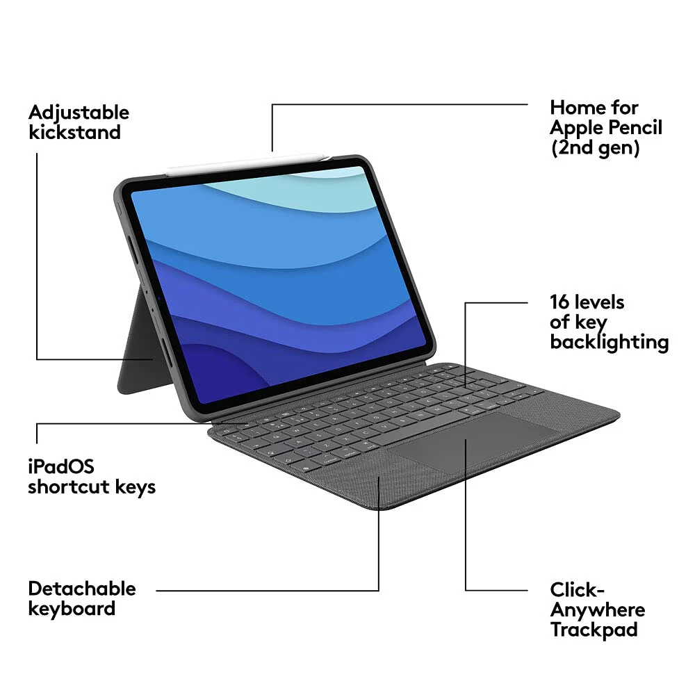 Logitech Combo Touch iPad Pro 11-inch (1st, 2nd, 3rd, 4th gen - 2018, 2020, 2021, 2022) Keyboard Case - Detachable Backlit Keyboard, Click-Anywhere Trackpad - QWERTY Smart Connector, Grey, Medium - Image 2