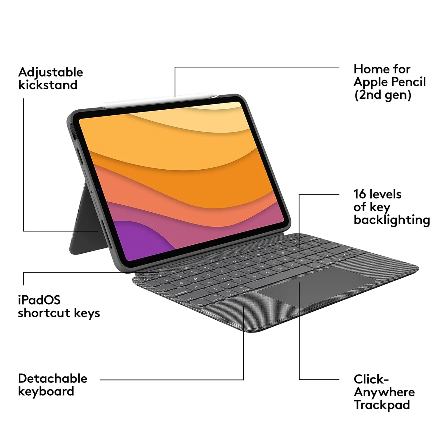 Logitech Combo Touch iPad Pro 12.9-inch (5th, 6th gen - 2021, 2022) Keyboard Case - Detachable Backlit Keyboard with Kickstand, Click-Anywhere Trackpad, Smart Connector-QWERTY UK English Layout - Grey - Image 8