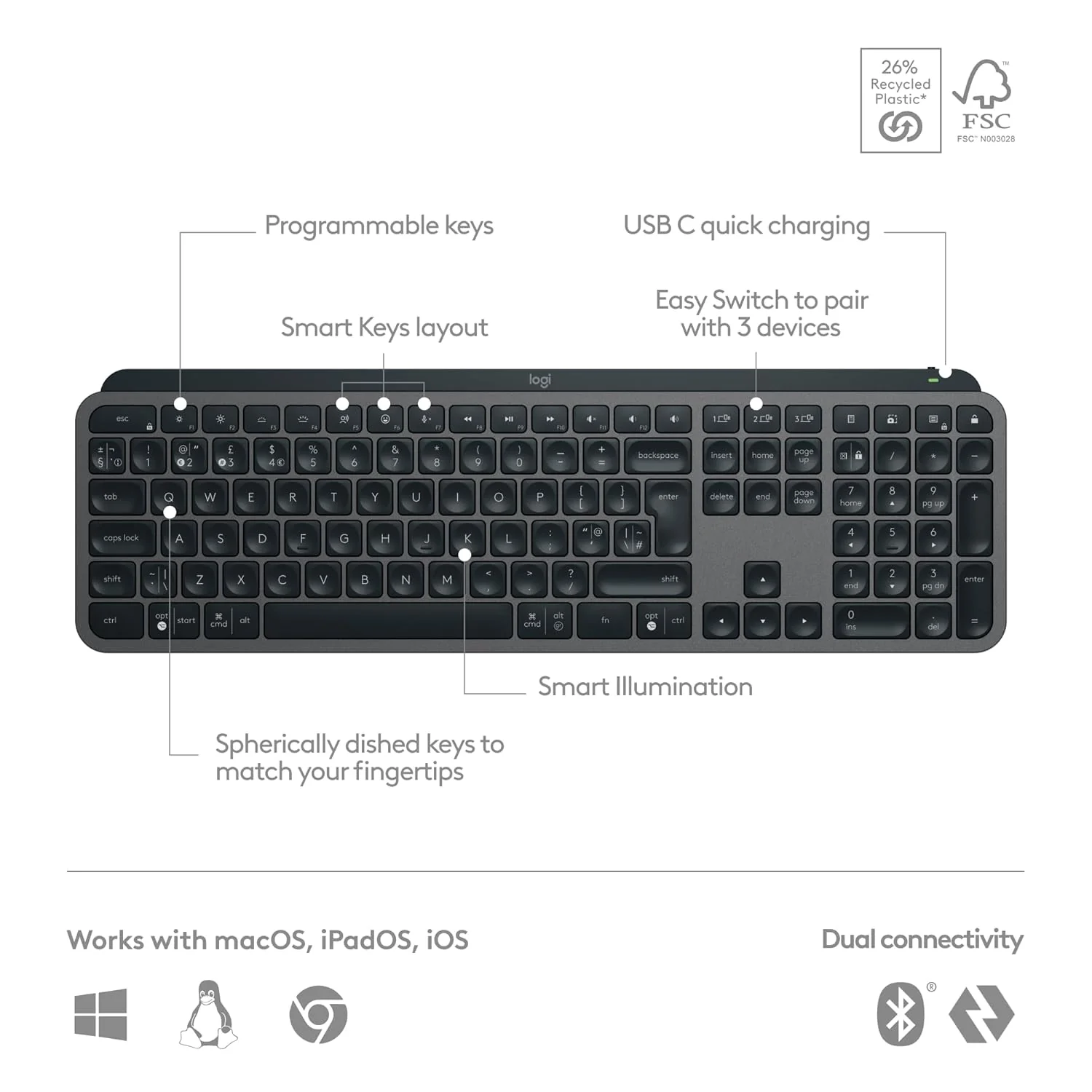 Logitech MX Keys S Wireless Keyboard, Low Profile, Fluid Precise Quiet Typing, Programmable Keys, Backlighting, Bluetooth, USB C Rechargeable, for Windows PC, Linux, Chrome, Mac - Graphite - Image 6