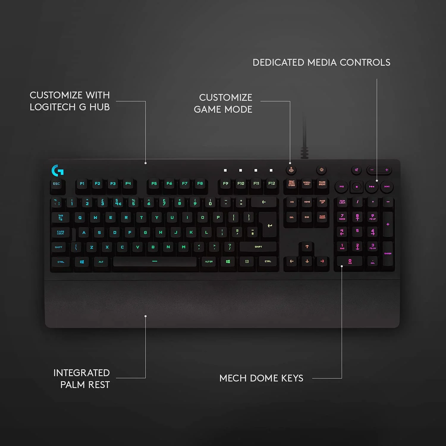 Logitech G213 Prodigy USB Gaming Keyboard, LIGHTSYNC RGB Backlit Keys, Spill-Resistant, Customizable Keys, Dedicated Multi-Media Keys - Black - Image 5