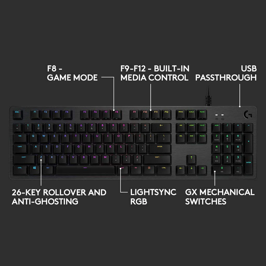 Logitech G512 Mechanical Gaming Keyboard,RGB Lightsync Backlit Keys,GX Brown Tactile Key Switches,Brushed Aluminum Case,Customizable F-Keys,USB Pass Through - Black - Image 7