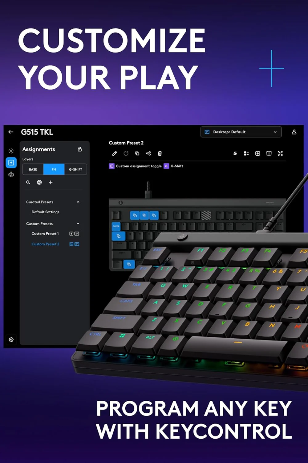 Logitech G515 TKL Wired Low Profile Gaming Keyboard, Fully Customisable RGB, Double-Shot PBT Keycaps, Tactile/Brown Switches - Image 5