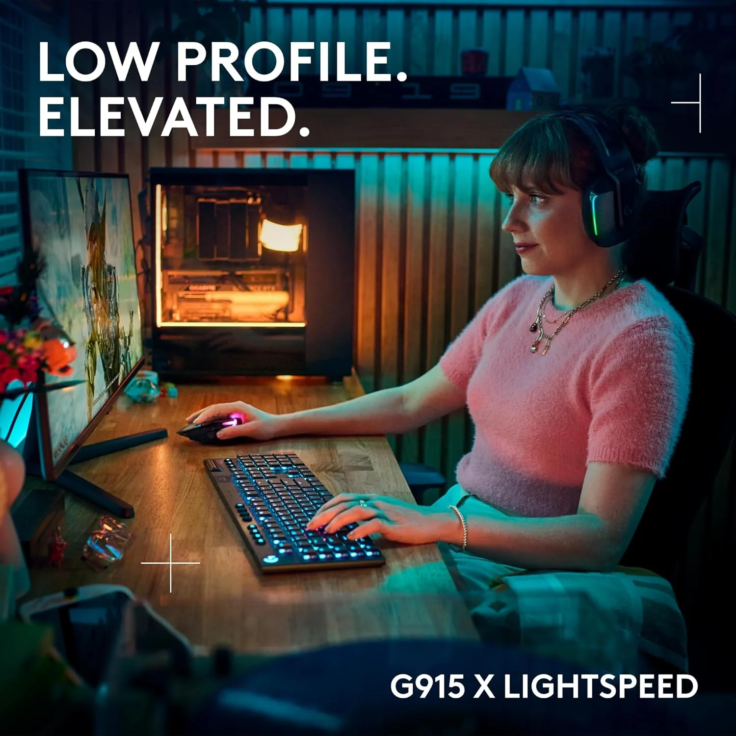 Logitech G915 X LIGHTSPEED Low-Profile Wireless Gaming Keyboard, Double-Shot PBT Keycaps, Fully Programmable Keys, RGB Backlighting, Sleek Aluminum Finishing, GL Brown Tactile Switches - PC/Mac- Black - Image 2