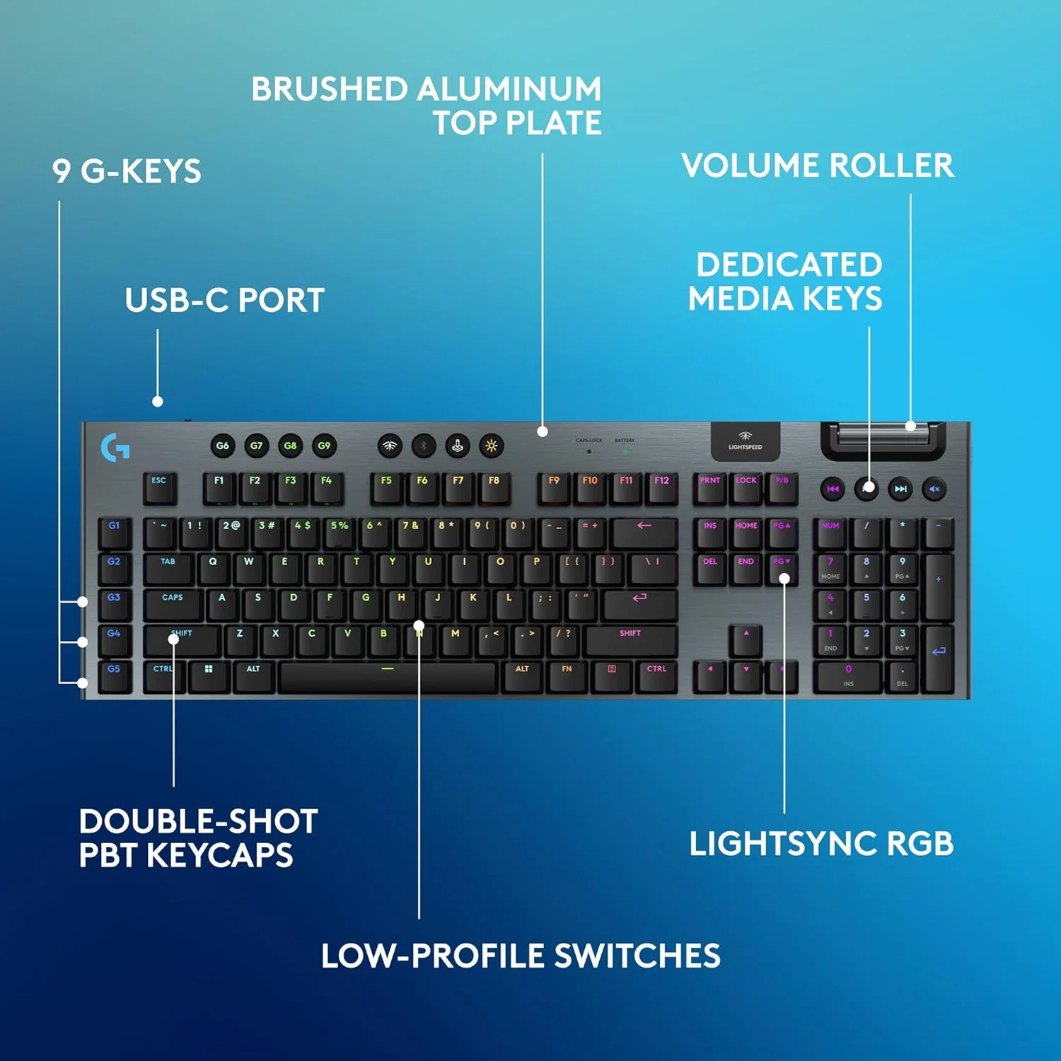 Logitech G915 X LIGHTSPEED Low-Profile Wireless Gaming Keyboard, Double-Shot PBT Keycaps, Fully Programmable Keys, RGB Backlighting, Sleek Aluminum Finishing, GL Brown Tactile Switches - PC/Mac- Black - Image 6