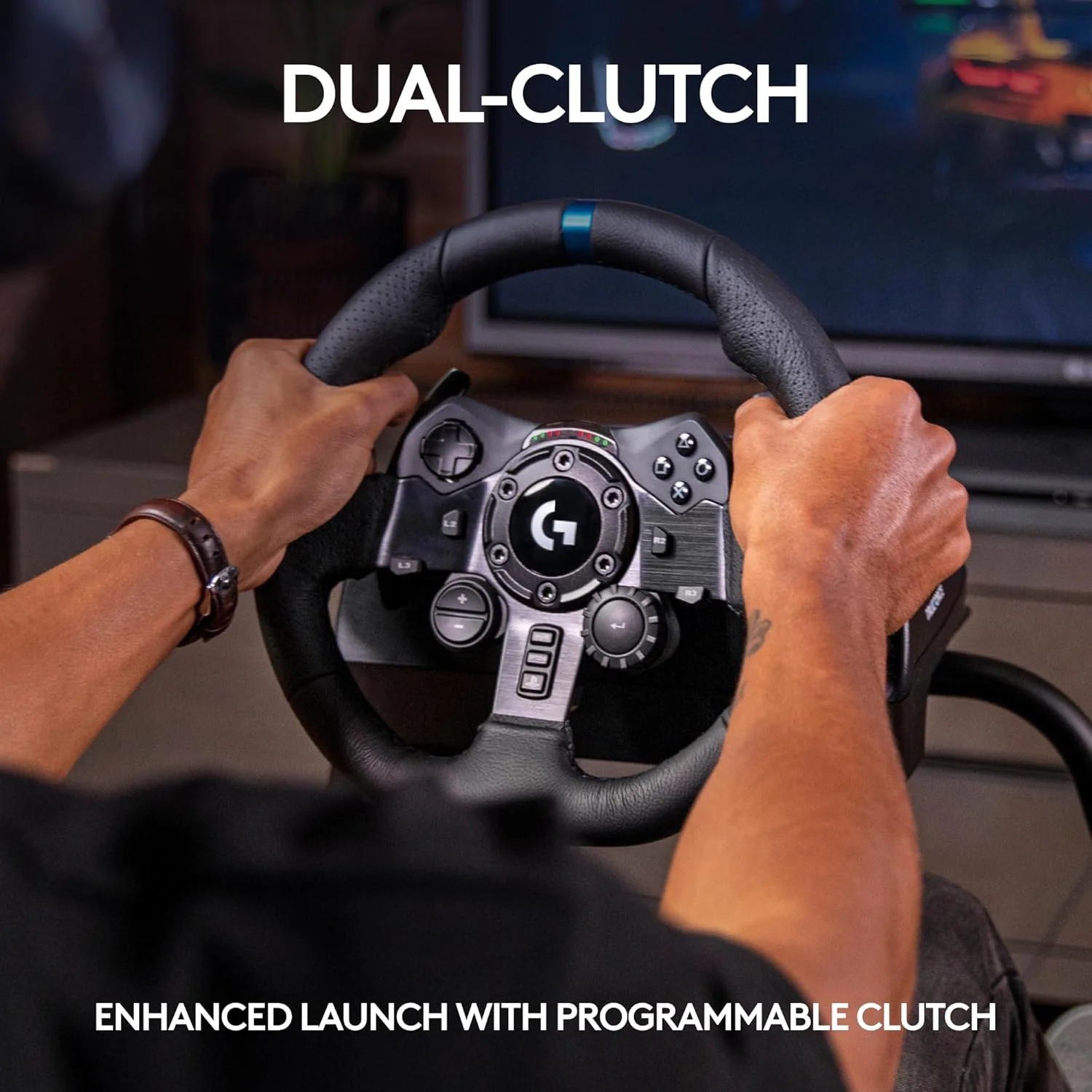 Logitech G923 Racing Wheel and Pedals, TRUEFORCE Feedback, Responsive Driving Design, Dual Clutch Launch Control, Genuine Leather Steering Wheel Cover, for PS5, PS4, PC, Mac - Black - Image 9