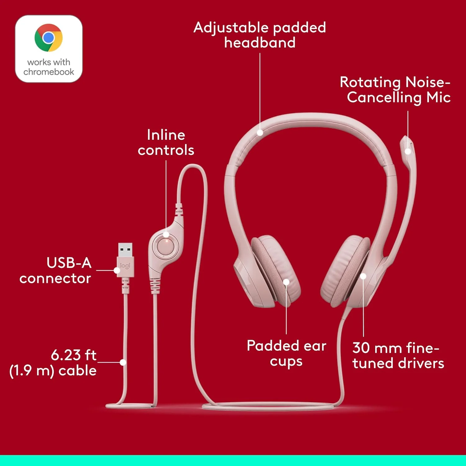 Logitech H390 Wired Headset for PC/Laptop, Stereo Headphones with Noise Cancelling Microphone, USB-A, in-Line Controls, Works with Chromebook - Rose - Image 6