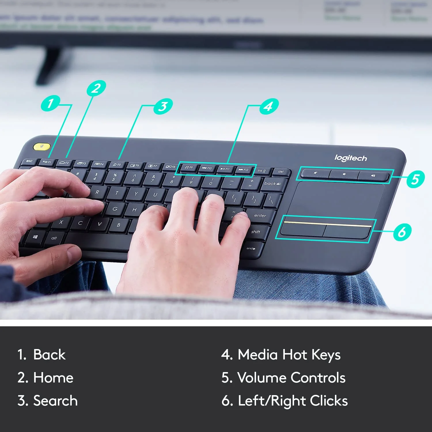 Logitech K400 Plus Wireless Touch TV Keyboard with Easy Media Control and Built-in Touchpad, HTPC Keyboard for PC-Connected TV, Windows, Android, Chrome OS, Laptop, Tablet - Black - Image 7
