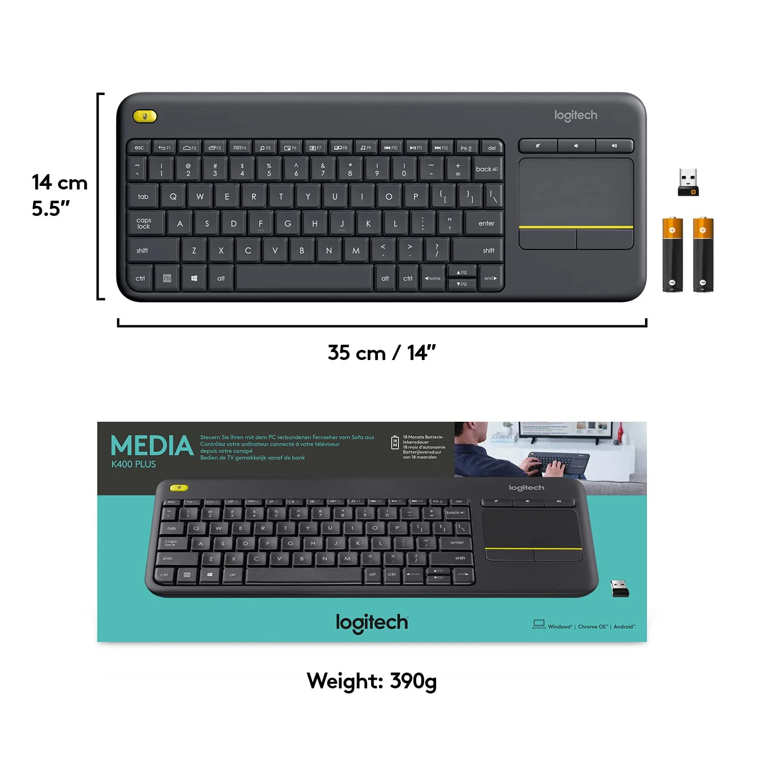 Logitech K400 Plus Wireless Touch TV Keyboard with Easy Media Control and Built-in Touchpad, HTPC Keyboard for PC-Connected TV, Windows, Android, Chrome OS, Laptop, Tablet - Black - Image 9