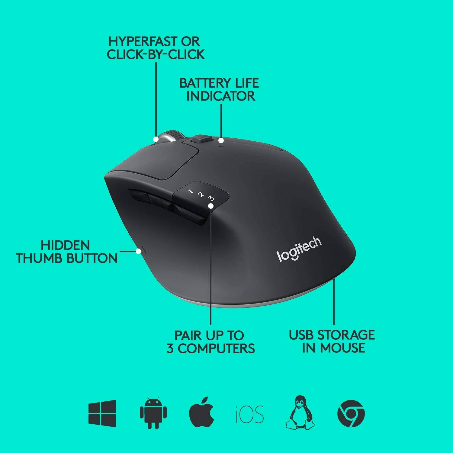Logitech M720 Triathlon Multi-Device Wireless Mouse, Bluetooth, USB Unifying Receiver, 1000 DPI, 6 Programmable Buttons, 2-Year Battery, Compatible with Laptop, PC, Mac, iPadOS - Graphite Black - Image 3