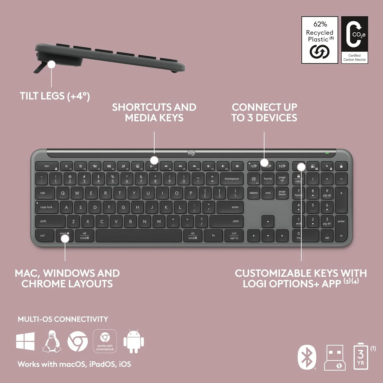 Logitech MK950 Signature Slim Wireless Keyboard and Mouse Combo, Sleek Design, Quiet Typing and Clicking, Switch Across Three Devices, Bluetooth, Multi-OS, Works with Windows and Mac - Image 9