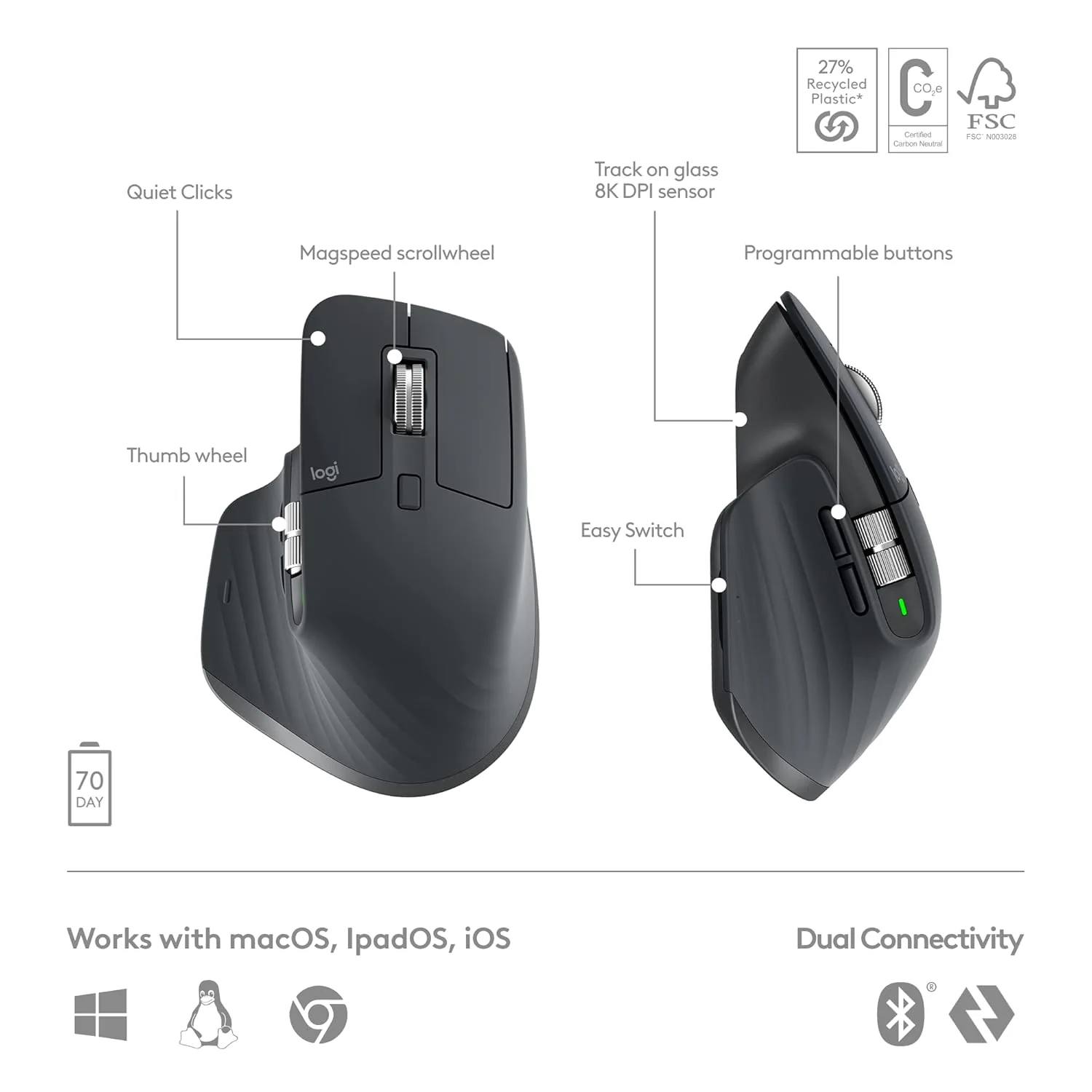 Logitech MX Keys S Combo - Performance Wireless Keyboard and Mouse with Palm Rest, Customisable Illumination, Fast Scrolling, Bluetooth, USB C, for Windows, Linux, Chrome, Mac - Image 8