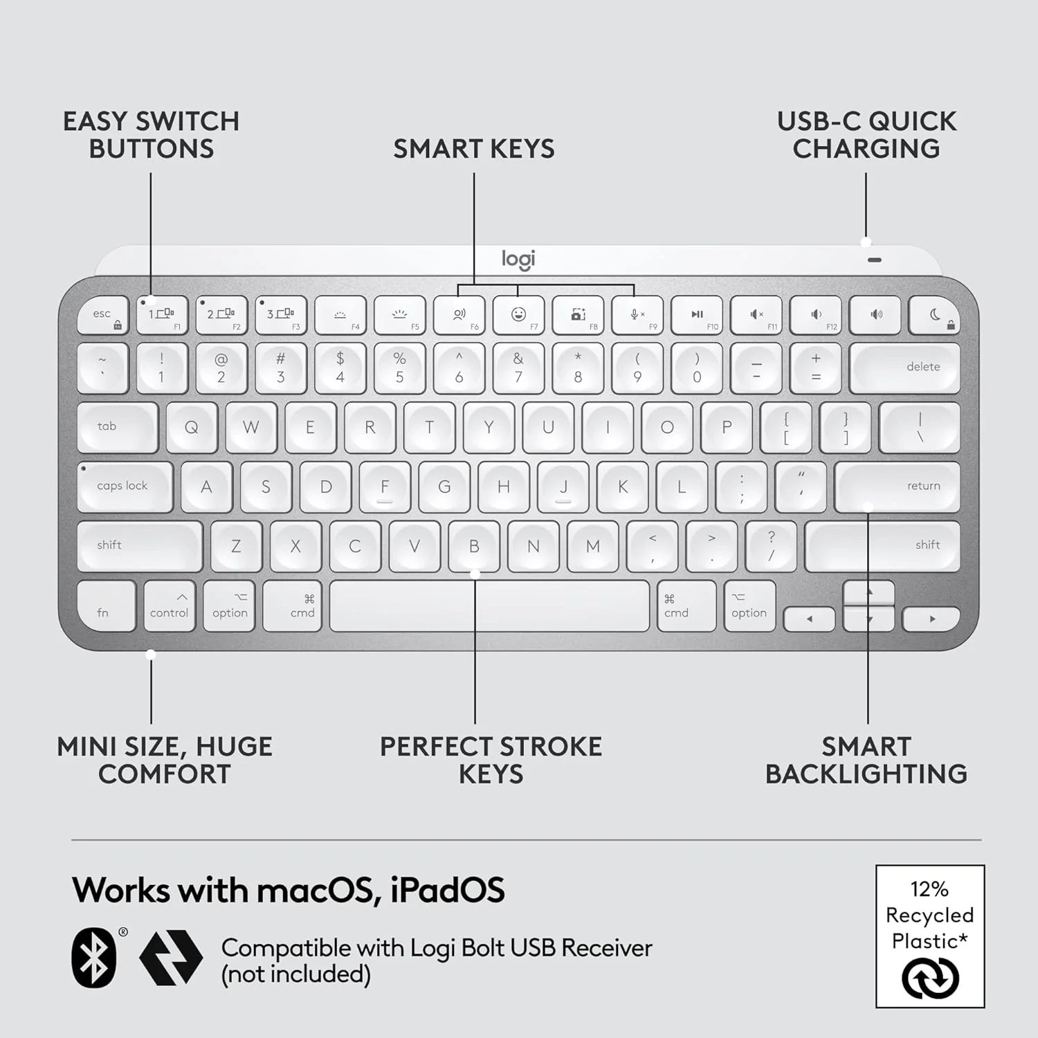 Logitech MX Keys Mini for Mac Minimalist Wireless Illuminated Keyboard with Free Adobe Subscription, Compact, Bluetooth, Backlit Keys, USB-C, Tactile Typing, Metal Build-Pale Grey - Image 7