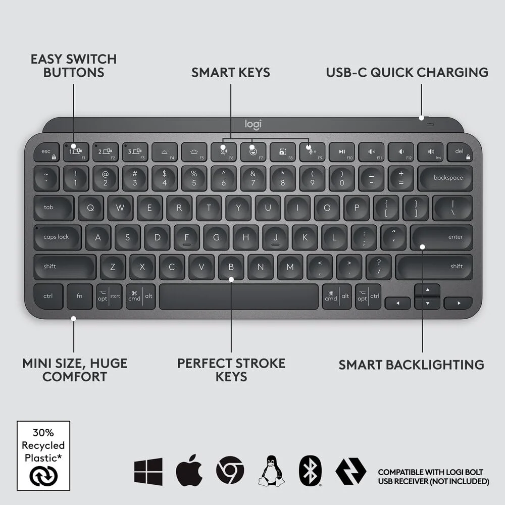 Logitech Mx Keys Mini Minimalist Wireless Illuminated Keyboard, Compact, Bluetooth, Backlit, USB-C, Compatible with Apple Macos, iOS, Windows, Linux, Android, Metal Build-Graphite - Image 4