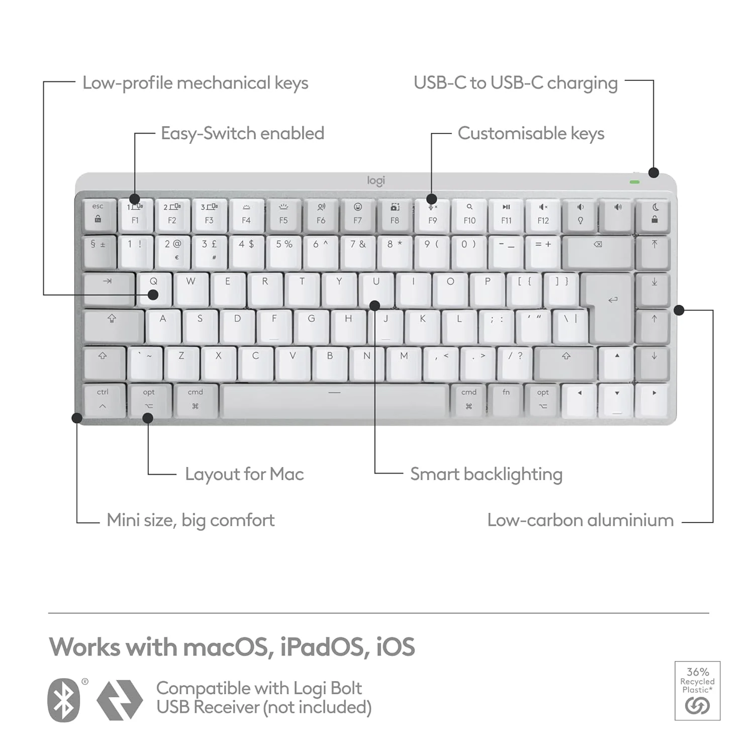 Logitech MX Mechanical Mini for Mac Wireless Illuminated Keyboard with Free Adobe subscription, Low-Profile Performance Switches, Tactile Quiet Keys, Backlit, Bluetooth, USB-C, Apple, iPad - Pale Grey - Image 11