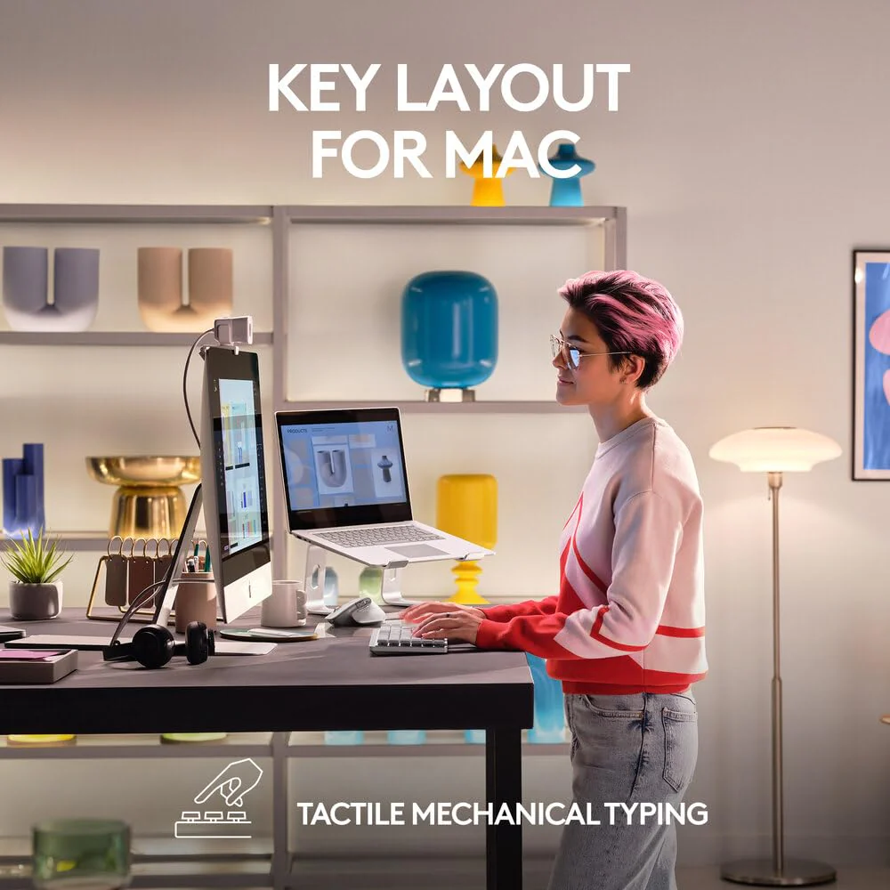 Logitech MX Mechanical Mini for Mac Wireless Illuminated Keyboard with Free Adobe subscription, Low-Profile Performance Switches, Tactile Quiet Keys, Backlit, Bluetooth, USB-C, Apple, iPad - Pale Grey - Image 2