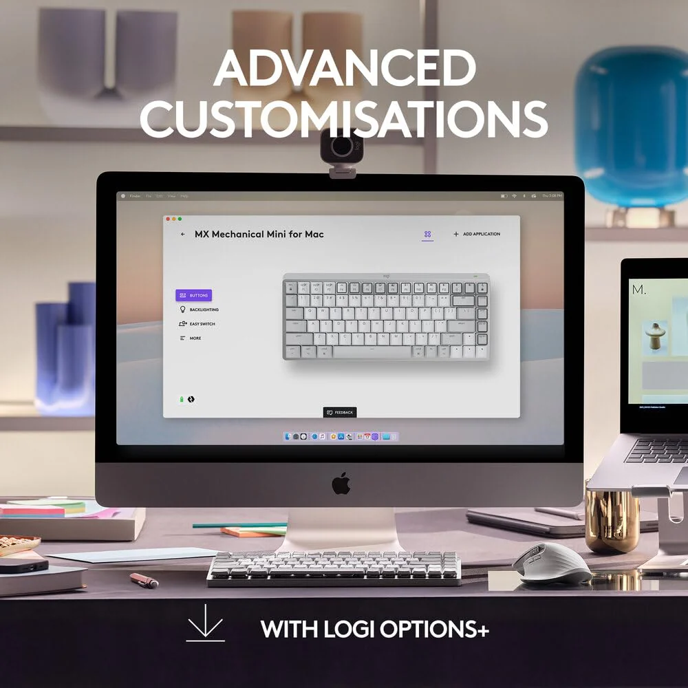 Logitech MX Mechanical Mini for Mac Wireless Illuminated Keyboard with Free Adobe subscription, Low-Profile Performance Switches, Tactile Quiet Keys, Backlit, Bluetooth, USB-C, Apple, iPad - Pale Grey - Image 6