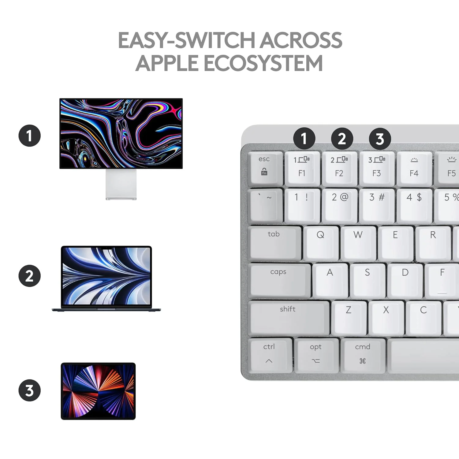 Logitech MX Mechanical Mini for Mac Wireless Illuminated Keyboard with Free Adobe subscription, Low-Profile Performance Switches, Tactile Quiet Keys, Backlit, Bluetooth, USB-C, Apple, iPad - Pale Grey - Image 7