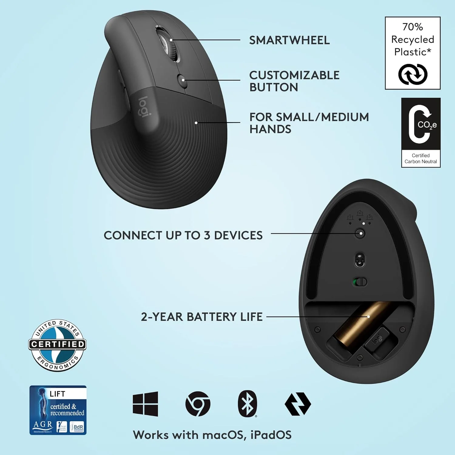 Logitech MX Vertical Wireless Mouse with Free Adobe Subscription, Ergonomic Design Reduces Muscle Strain, Move Content Between 3 Windows and Apple Computers, Rechargeable, Graphite - Image 9