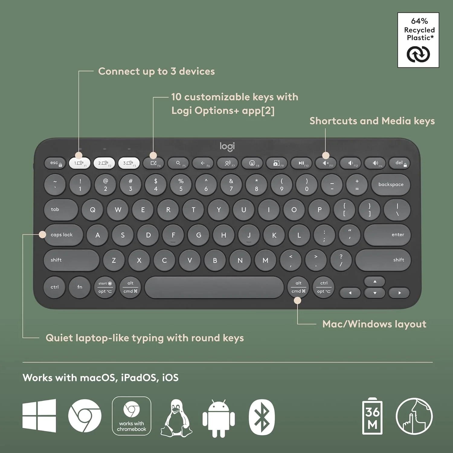 Logitech Pebble Keys 2 K380s, Multi-Device Bluetooth Wireless Keyboard with Customisable Shortcuts, Slim and Portable, Easy-Switch for Windows, macOS, iPadOS, Android, Chrome OS - Image 6