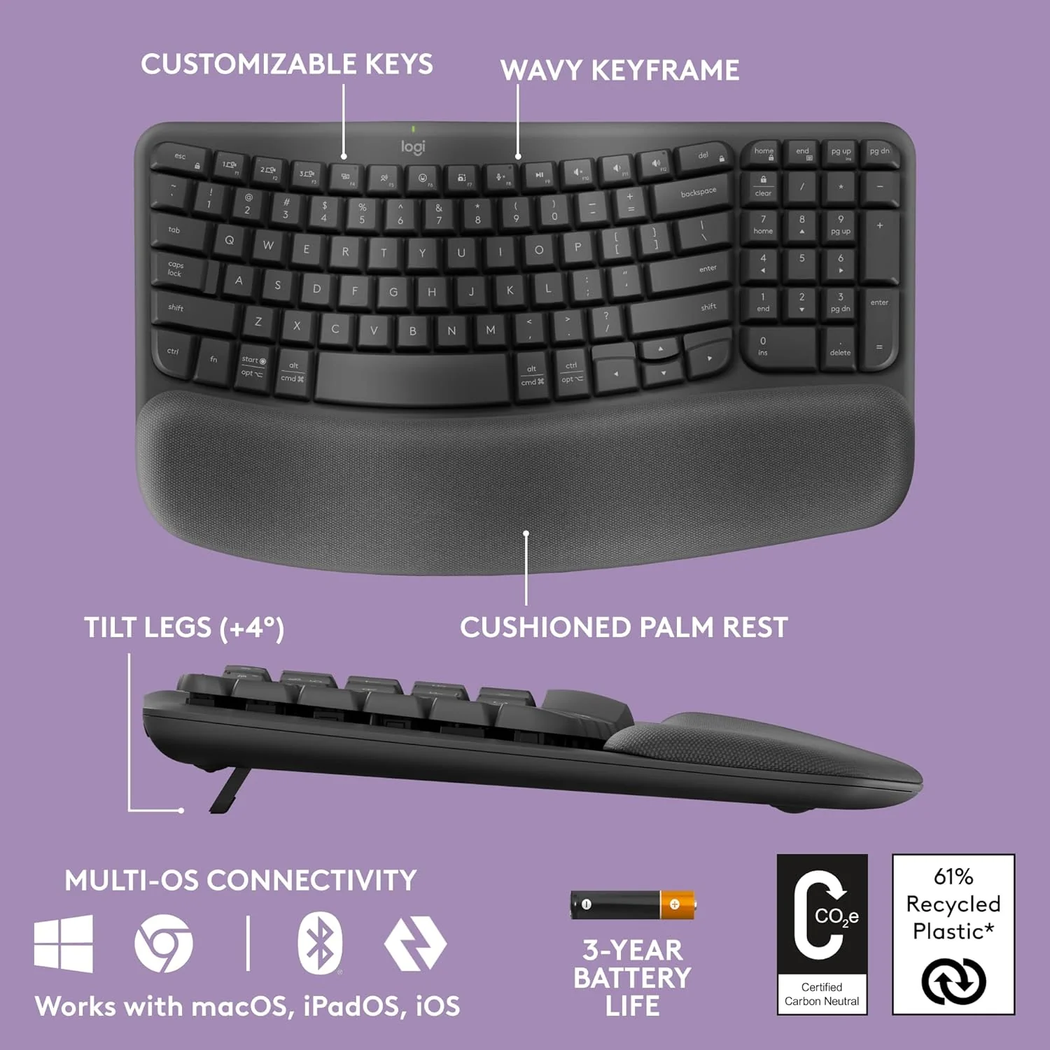 Logitech Wave Keys Wireless Ergonomic Keyboard with Cushioned Palm Rest (Without Receiver & Stand) - Image 4
