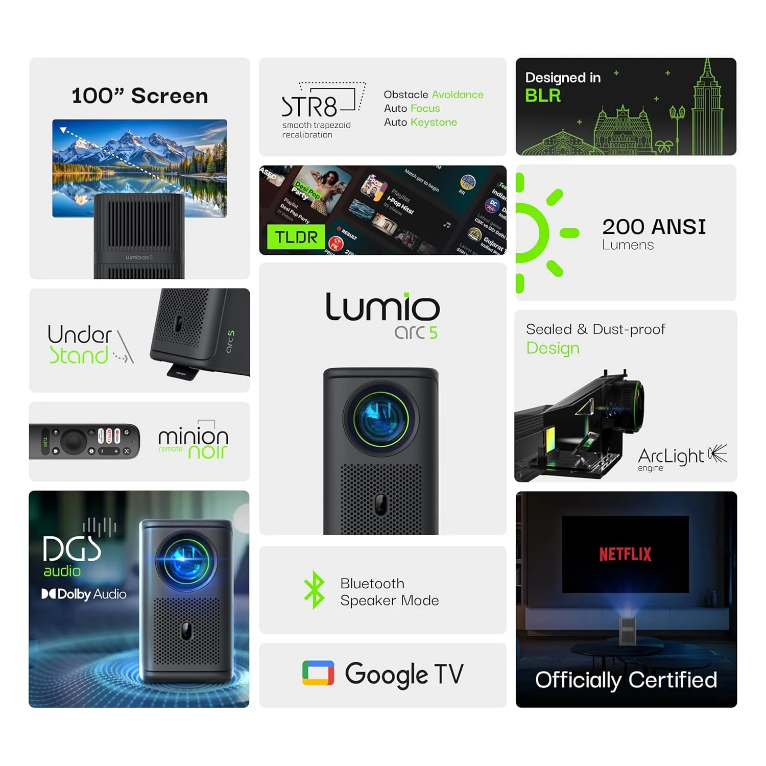 Lumio Arc 5 Projector | Official Google TV & Netflix | 1080p Full HD | 4K Downscaling via HDMI | 200 ANSI Lumens | 100" Screen | Auto Keystone, Obstacle Avoidance | Dolby Audio | Bluetooth Speaker - Image 2