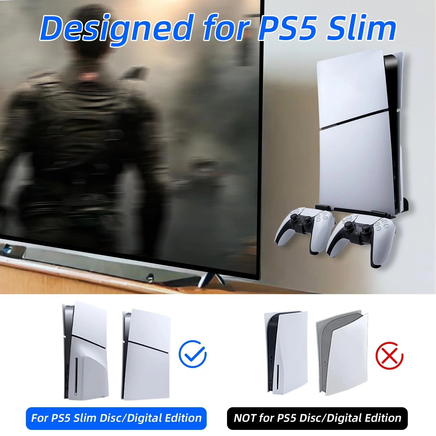 Mcbazel Wall Mount Kit for PS5 Slim Disc and Digital Edition Only, Wall Mount Stand with Controller Holder, Wall Mount Vertical Stand for PS5 Slim Console - Black - Image 3