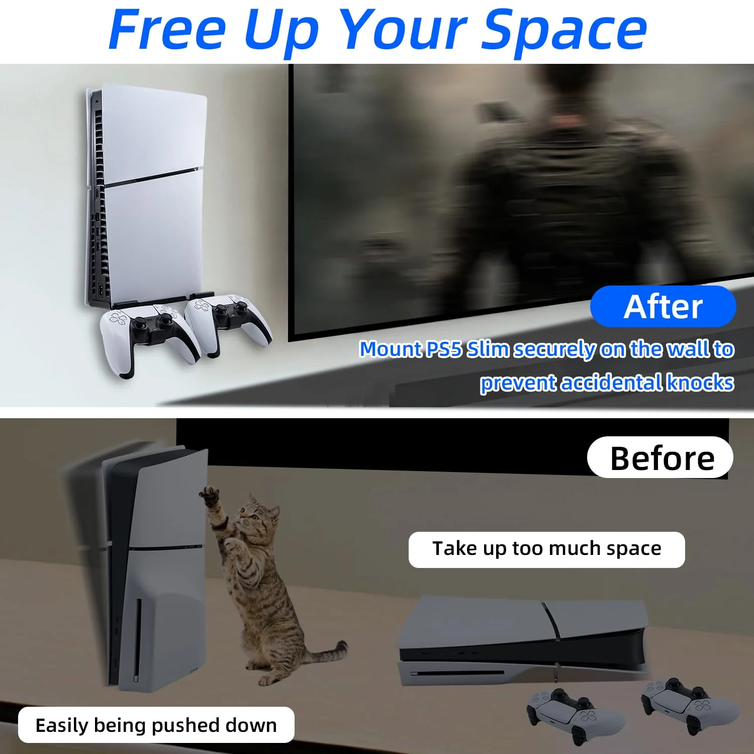 Mcbazel Wall Mount Kit for PS5 Slim Disc and Digital Edition Only, Wall Mount Stand with Controller Holder, Wall Mount Vertical Stand for PS5 Slim Console - Black - Image 6