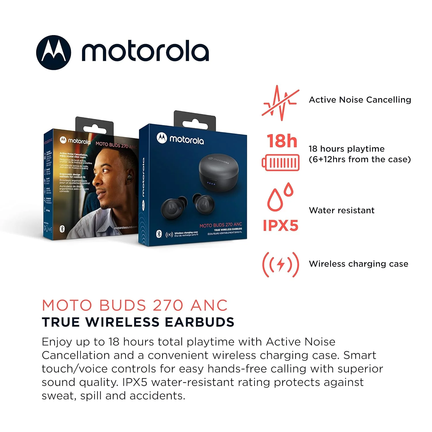 Motorola Moto Buds 270 ANC - True Wireless Bluetooth Earbuds with Microphone and Active Noise Cancellation - IPX5 Water Resistant, Touch Control, Comfort Fit - Includes Micro Charging Case - White (BRAND NEW/SEALED) - Image 6