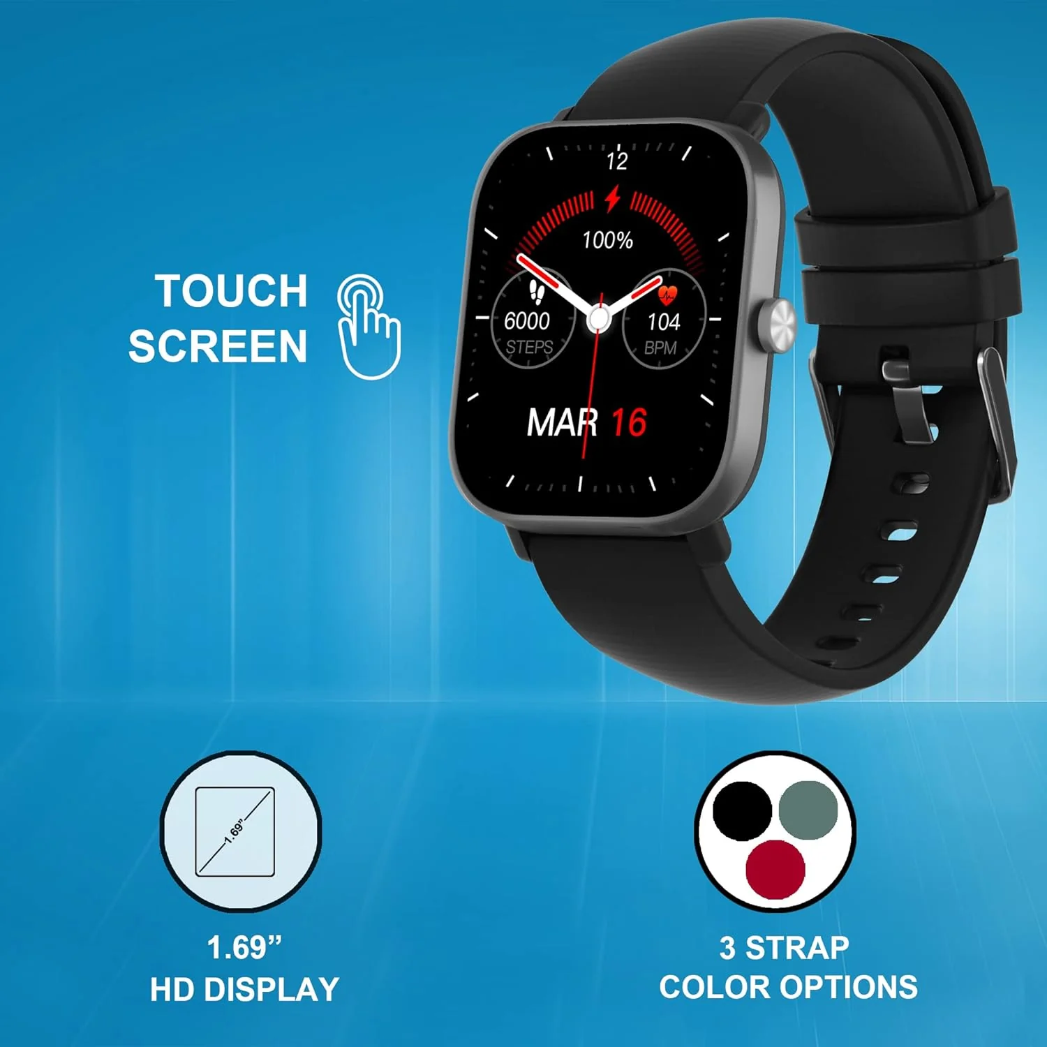 Mustard Tempo Smart Watch with 1.69" HD Display, Water Proof IP68, 120+ Sports Mode, Multiple Watch Faces, Dedicated Spo2, Android + iOS, Dynamic Heart Rate Analysis, Notifications (Black) - Image 3