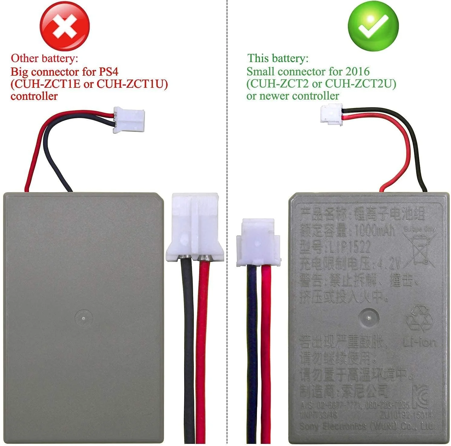 New World for PS4 Controller Battery V2 Battery for PlayStation 4 PS4 Controllers V2 Version 2 JDS/JDM 040/050/055 CUH-ZCT2 or CUH-ZCT2U Series 2nd Gen 2016 Version Small Connector 3.65V 1000mAh - Image 4