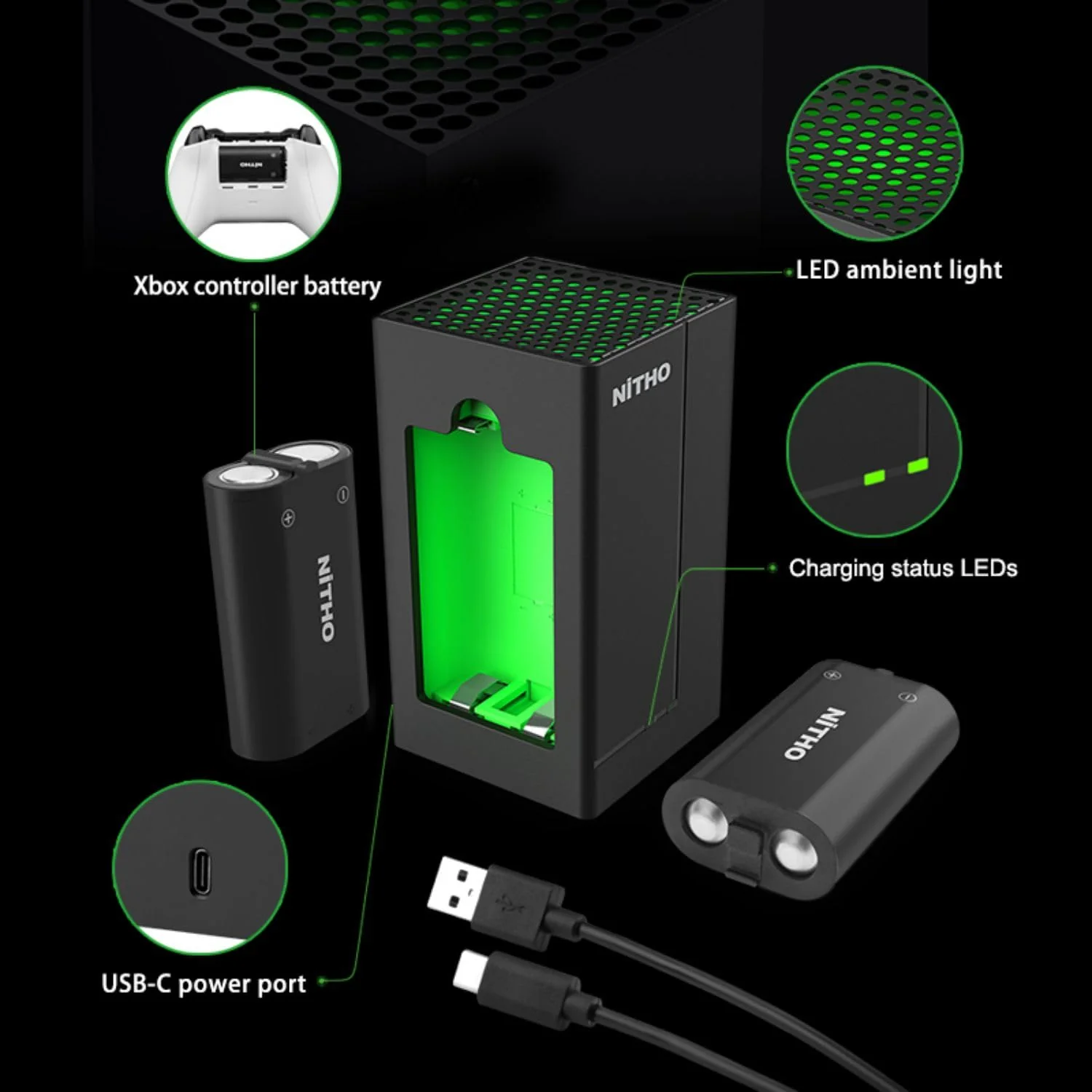 NITHO Controller Battery Pack and Charging Dock, Compatible with Xbox Series X|S, Xbox One/One X/One S Elite, Includes 2 Rechargeable Batteries and USB-C Cable - Image 3