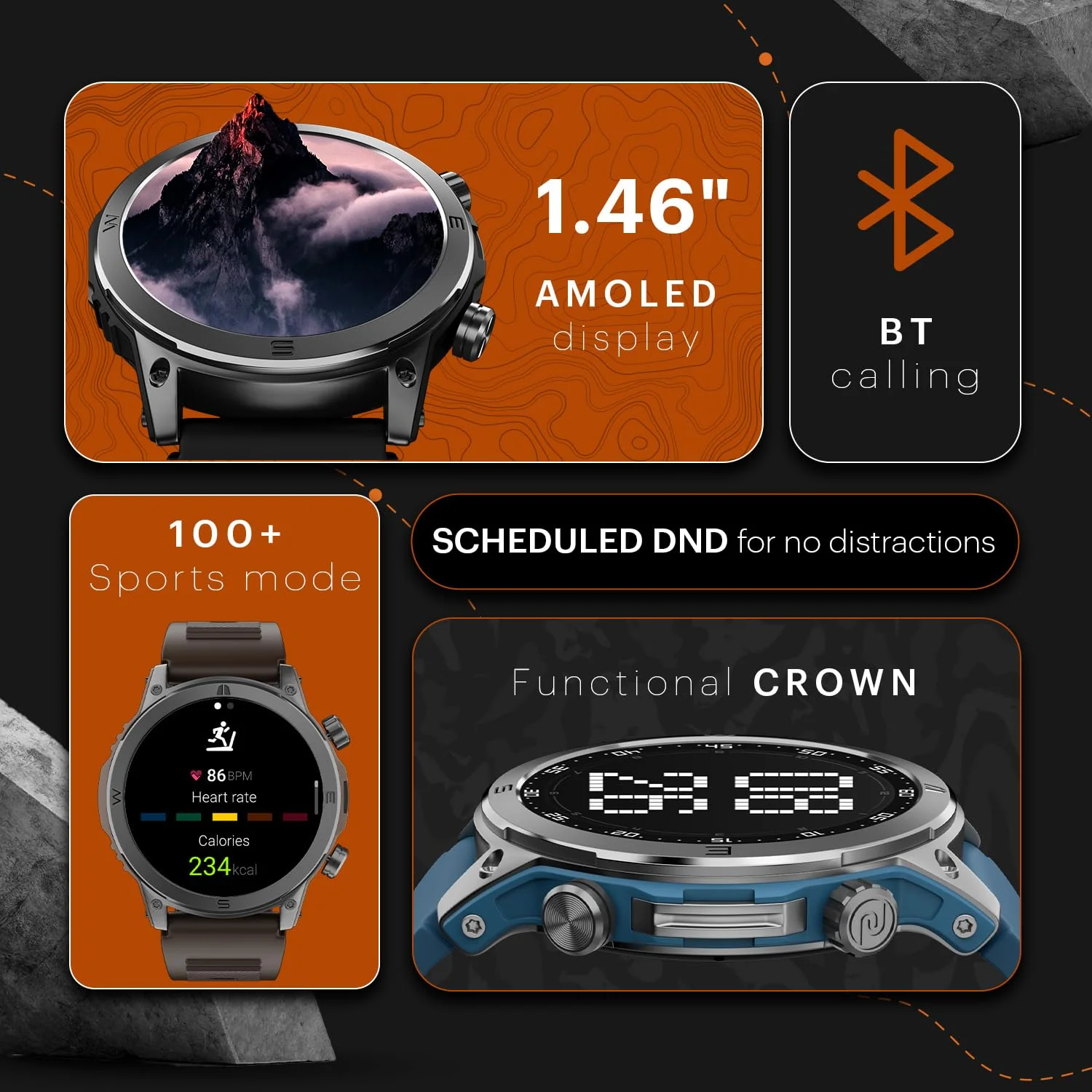 Noise Endeavour Rugged Design 1.46" AMOLED Display Smart Watch, BT Calling, SoS Feature, Rapid Health & 100+ Sports Modes- (Black) - Image 3