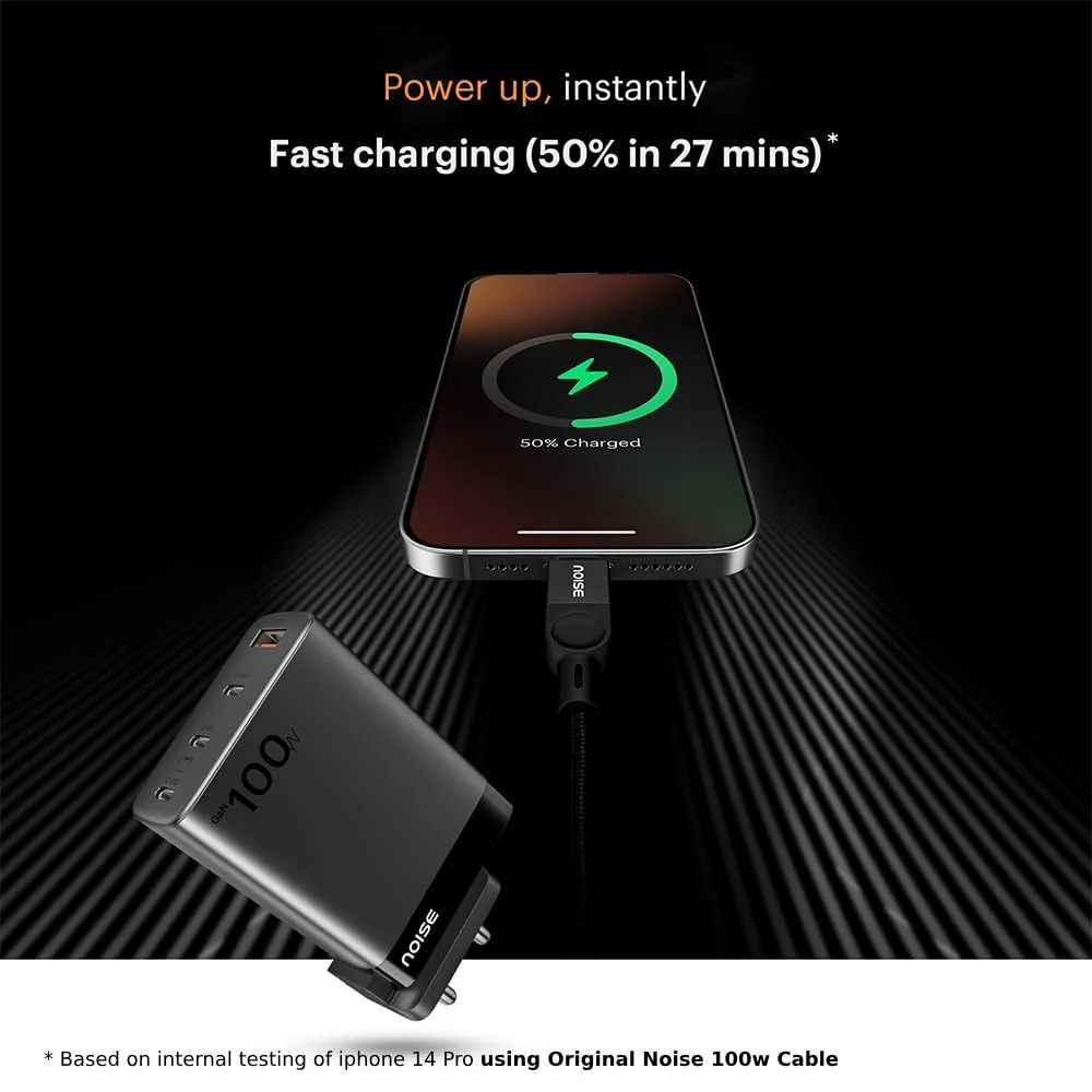 Noise Power Series 100W GaN Charger: Fast Charging Adapter, 4 Ports (3 USB-C + 1 USB-A), Globally Compatible, iPhone 0 to 50% in 27mins, Supports All iPhones, Android Phones, Laptops, Macbooks (Black) - Image 4