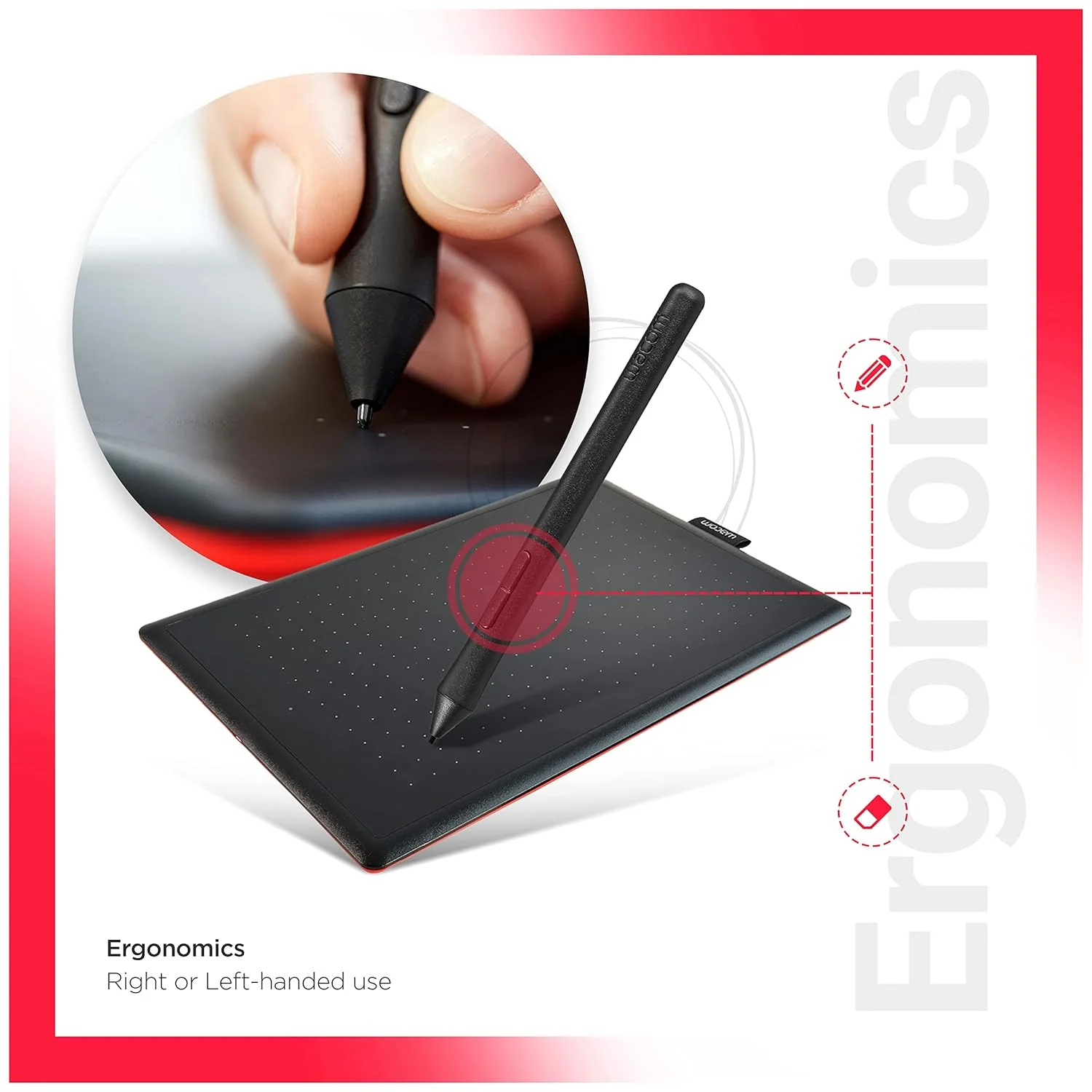 One by Wacom CTL-472/K0-CX Digital Drawing Graphics Pen Tablet (Red & Black) Small (6-inch x 3.5-inch)(15x8cm) | Battery Free Cordless Pen with 2048 Pressure Level - Image 4