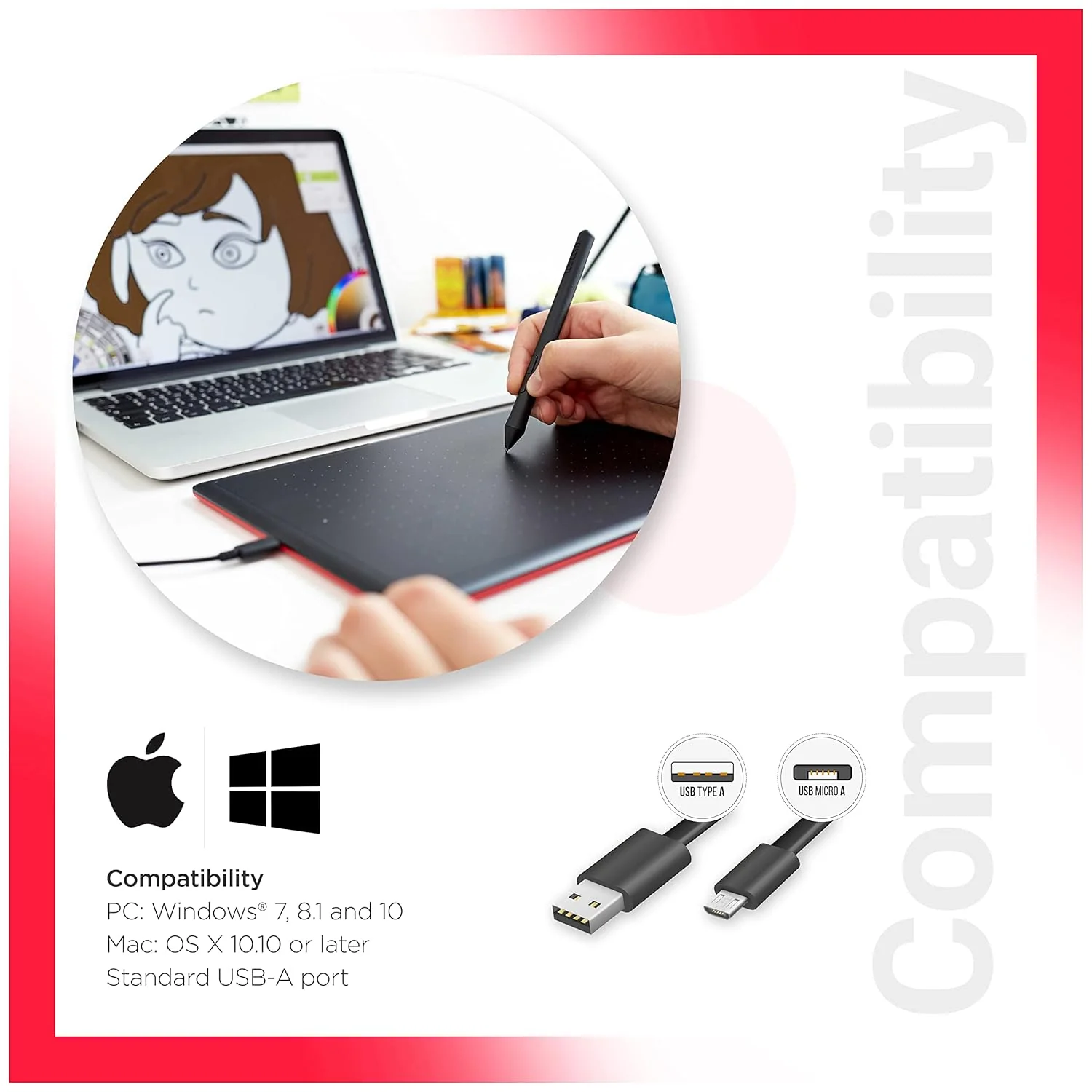 One by Wacom CTL-472/K0-CX Digital Drawing Graphics Pen Tablet (Red & Black) Small (6-inch x 3.5-inch)(15x8cm) | Battery Free Cordless Pen with 2048 Pressure Level - Image 6