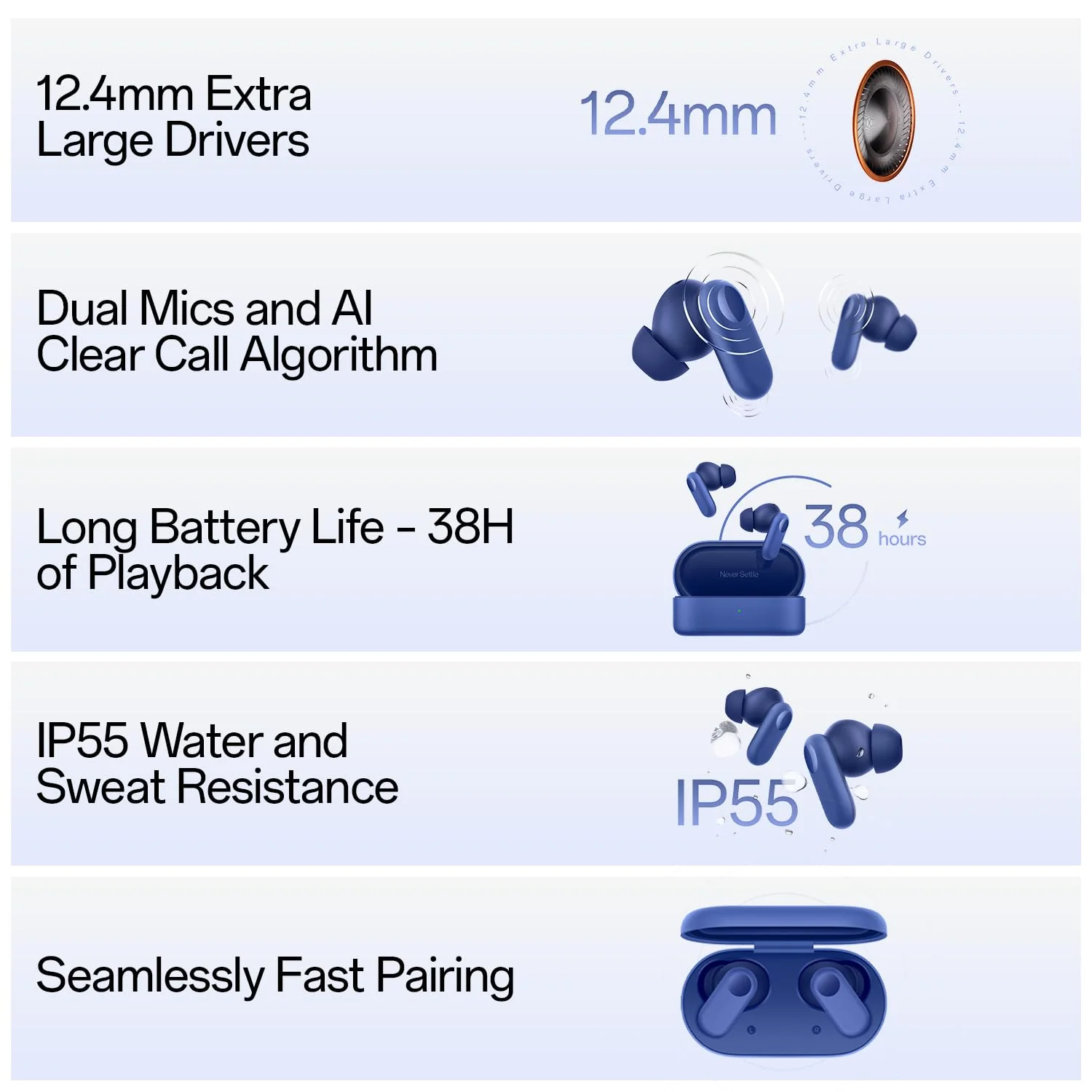 OnePlus Nord Buds 2r True Wireless in Ear Earbuds with Mic, 12.4mm Drivers, Playback:Upto 38hr case,4-Mic Design, IP55 Rating [Triple Blue] - Image 7