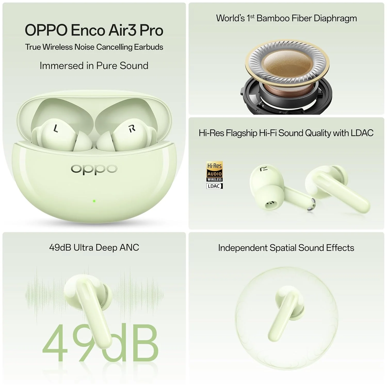 OPPO Enco Air3 Pro True Wireless in Ear Earbuds with Industry First Composite Bamboo Fiber, 49dB ANC, 30H Playtime, 47ms Ultra Low Latency,Fast Charge,BT 5.3 (Green) - Image 6
