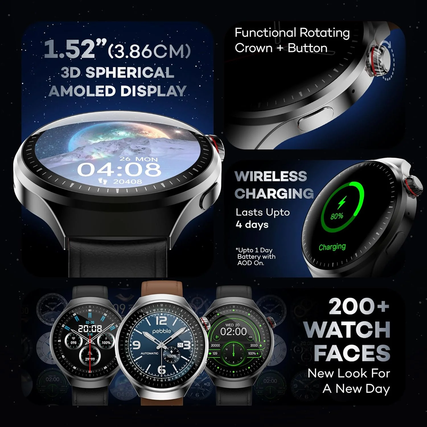 Pebble Dome Smartwatch 1.52" AMOLED Spherical Display | 3D Display | Metal Body | Leather Strap | Wireless Charging | India’s First Spherical Smartwatch - Image 3