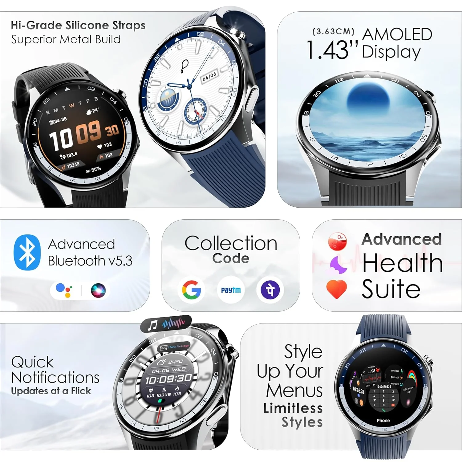 Pebble Gravity 1.43” AMOLED Smartwatch with Always-On Display | Bluetooth Calling, QR Payment, Compass | 700 Nits Brightness | Health & Fitness Tracking | Feather Touch UI, Premium Design - Black - Image 2