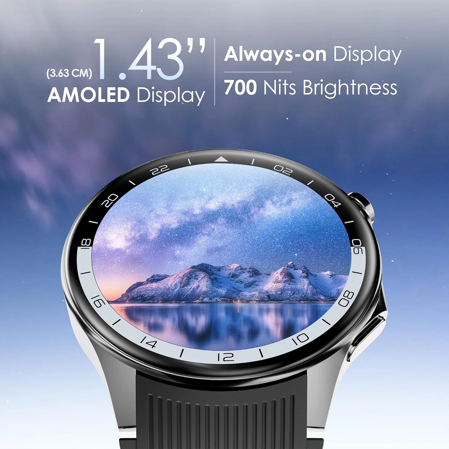 Pebble Gravity 1.43” AMOLED Smartwatch with Always-On Display | Bluetooth Calling, QR Payment, Compass | 700 Nits Brightness | Health & Fitness Tracking | Feather Touch UI, Premium Design - Black - Image 3