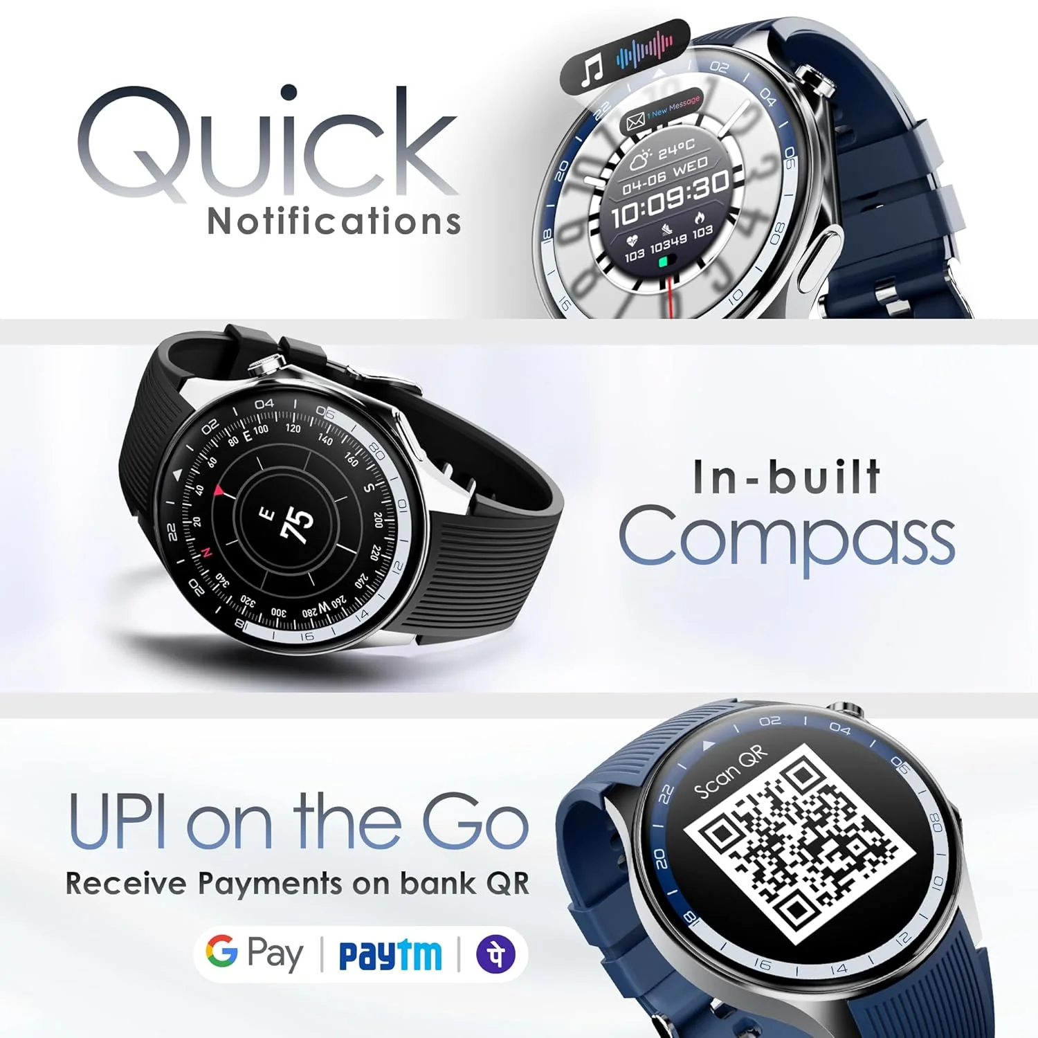 Pebble Gravity 1.43” AMOLED Smartwatch with Always-On Display | Bluetooth Calling, QR Payment, Compass | 700 Nits Brightness | Health & Fitness Tracking | Feather Touch UI, Premium Design - Black - Image 4