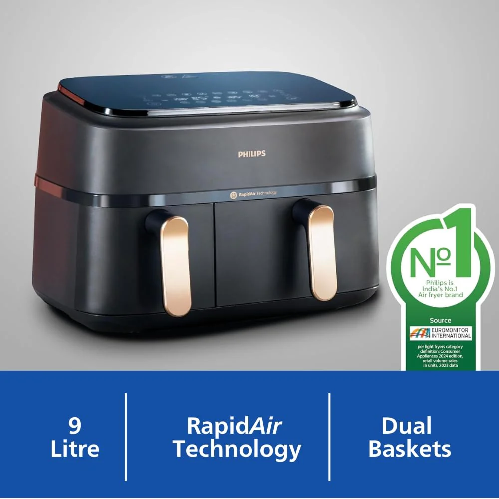 PHILIPS Air Fryer NA352/00 with Rapid Air Technology, 9L capacity, Dual basket (6L & 3L) for full oven tray cooking, 8 Preset Menus, Intuitive touch control, 90% less oil, 500+ Recipes, Extra Large - Image 2