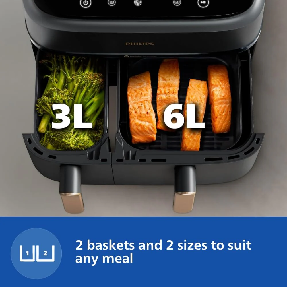 PHILIPS Air Fryer NA352/00 with Rapid Air Technology, 9L capacity, Dual basket (6L & 3L) for full oven tray cooking, 8 Preset Menus, Intuitive touch control, 90% less oil, 500+ Recipes, Extra Large - Image 4