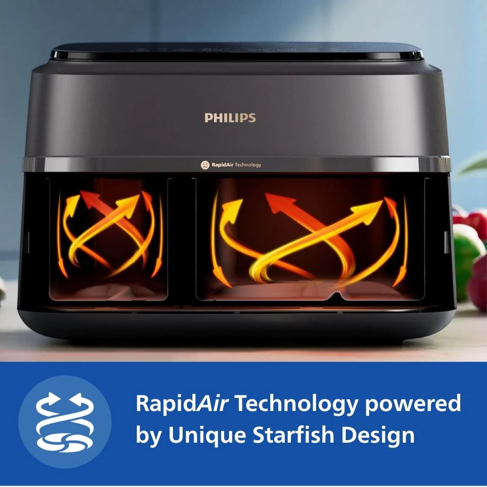 PHILIPS Air Fryer NA352/00 with Rapid Air Technology, 9L capacity, Dual basket (6L & 3L) for full oven tray cooking, 8 Preset Menus, Intuitive touch control, 90% less oil, 500+ Recipes, Extra Large - Image 5