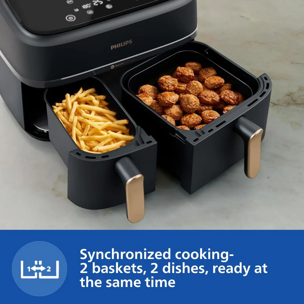 PHILIPS Air Fryer NA352/00 with Rapid Air Technology, 9L capacity, Dual basket (6L & 3L) for full oven tray cooking, 8 Preset Menus, Intuitive touch control, 90% less oil, 500+ Recipes, Extra Large - Image 6