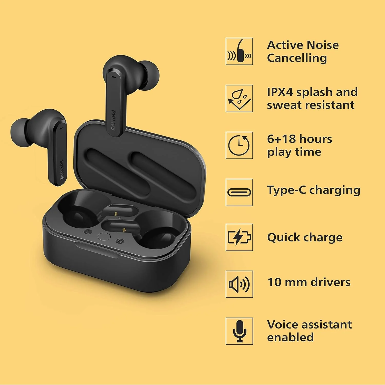 PHILIPS Audio TWS Tat4506 Bluetooth Truly Wireless in Ear Earbuds with Mic with Active Noise Cancellation, 24 Hrs Playtime (6+18), Ipx4, Touch Controls, C-Type Charging (Black) - Image 6