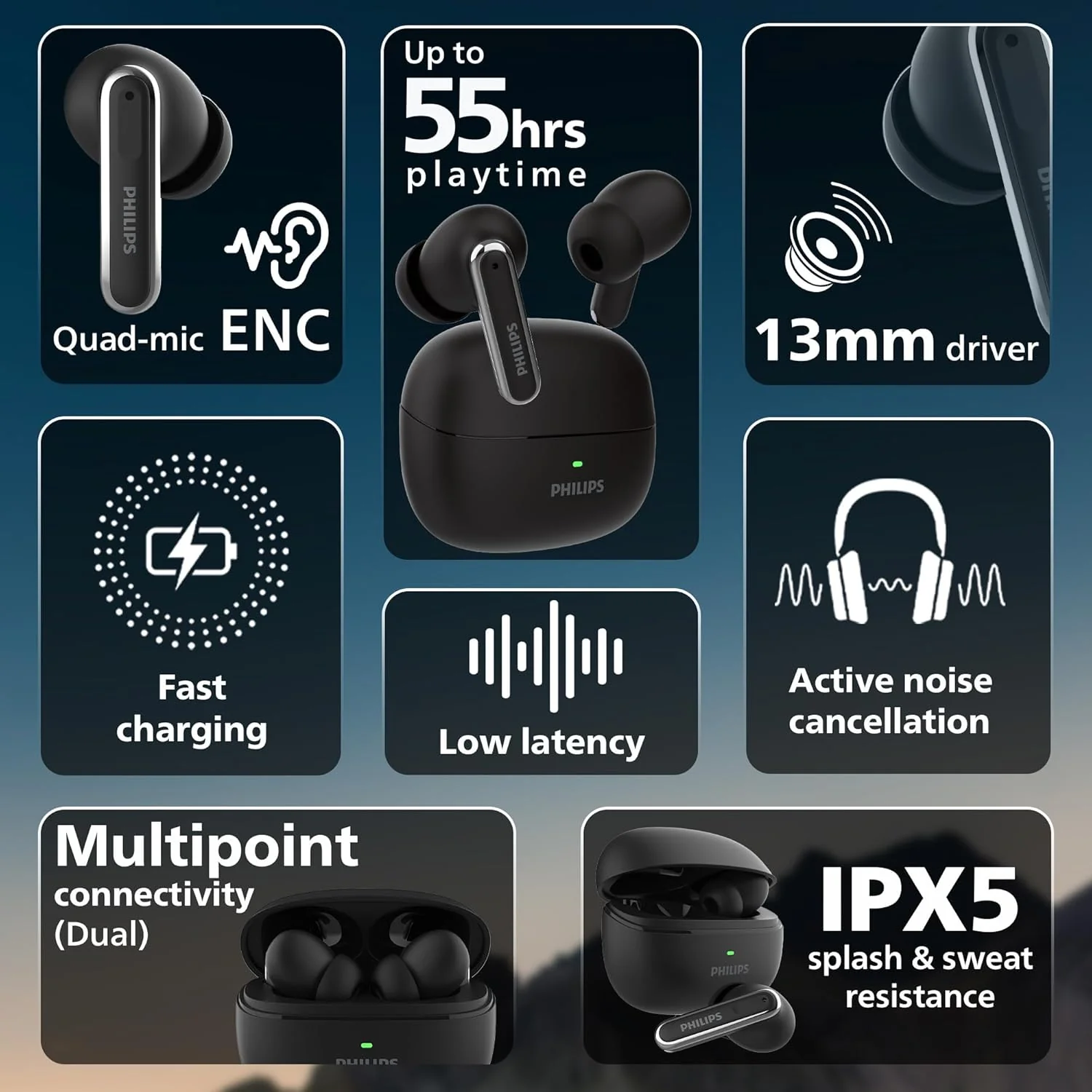 Philips TAT1150BK/94 Premium Wireless Earbuds with ANC, Quad Mic ENC, Up to 55 Hr Playtime,13mm Neodymium Drivers,Multipoint, ergonomically Designed,IPX5 Water Resistance,Fast Charging - Image 3
