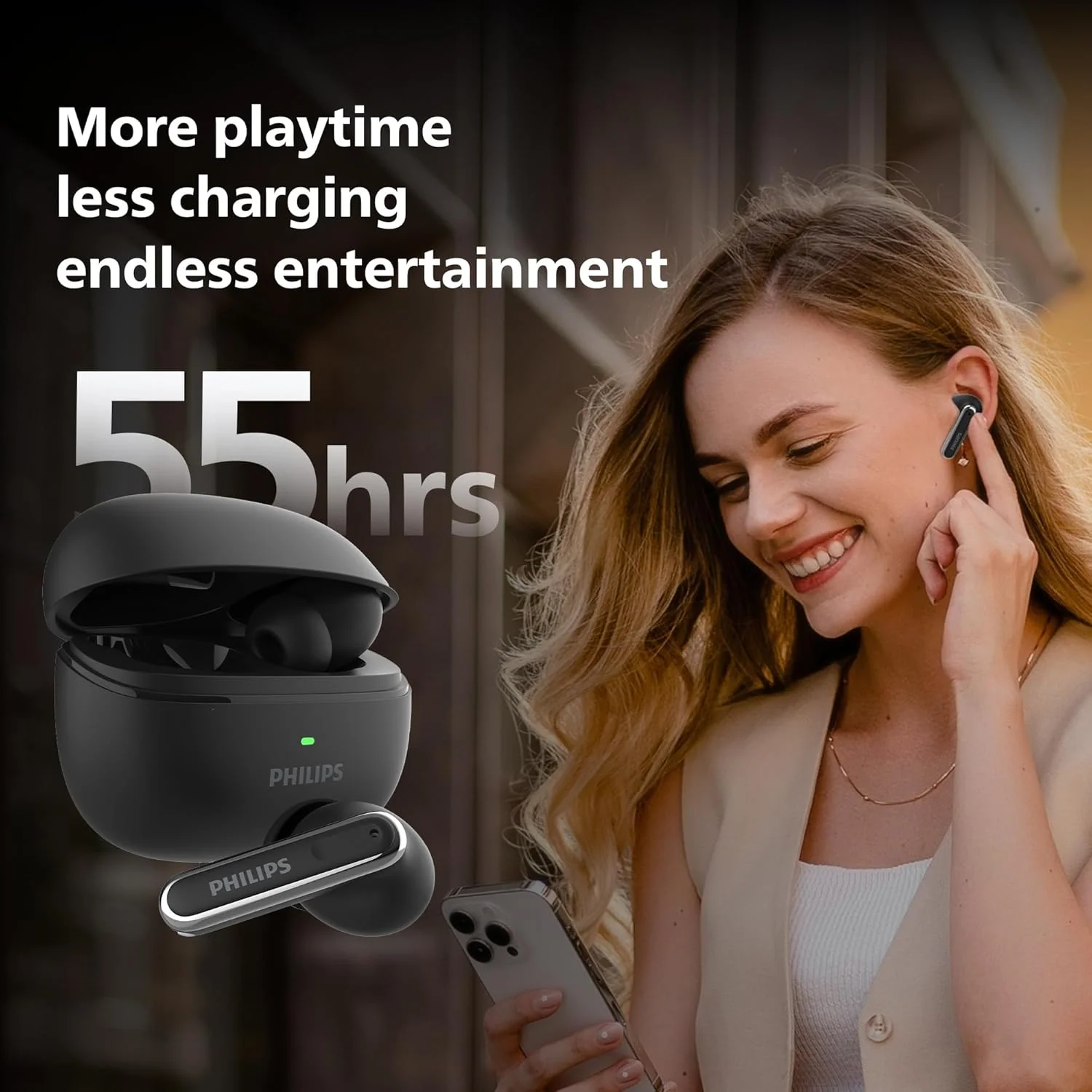 Philips TAT1150BK/94 Premium Wireless Earbuds with ANC, Quad Mic ENC, Up to 55 Hr Playtime,13mm Neodymium Drivers,Multipoint, ergonomically Designed,IPX5 Water Resistance,Fast Charging - Image 4